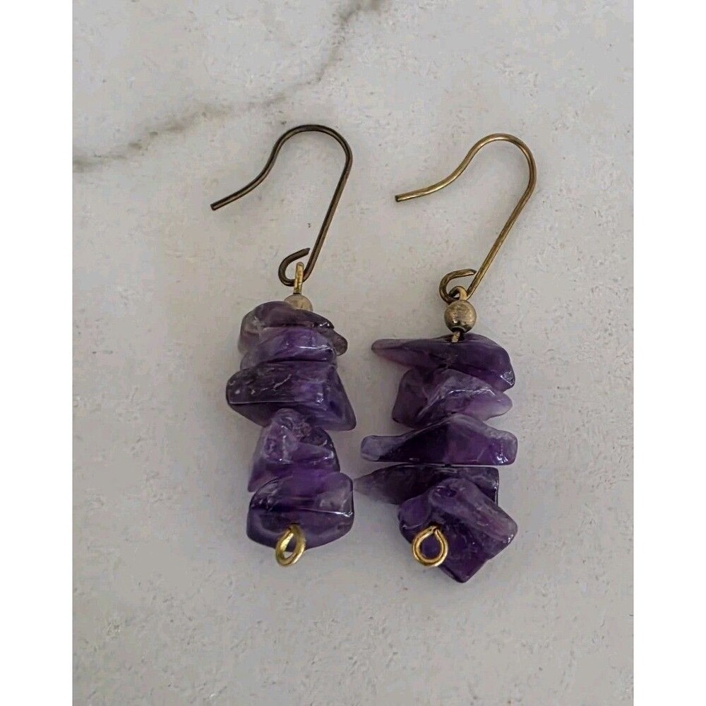 Natural Amethyst Chip Dangle Earrings Handmade Purple Boho Brass Fishhook